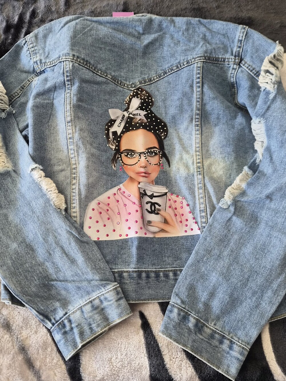 Embellished Denim Jacket with Graphic Girl and Coffee Cup
